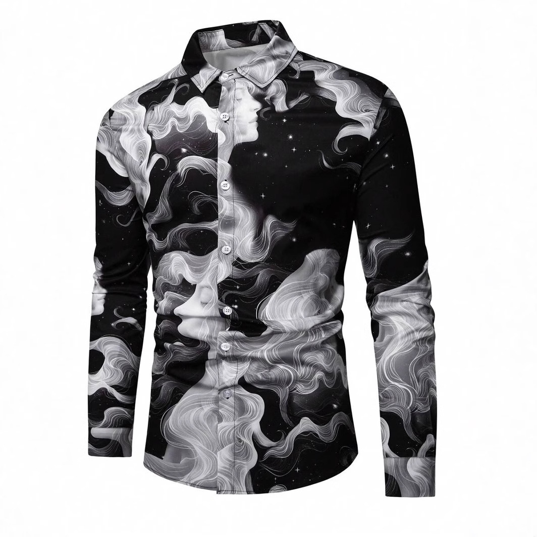 Arte abstracto 3D impresión digital primavera y otoño de los hombres calle alta ancho ancho suelto hombro de manga larga solapa botón camisa en stock