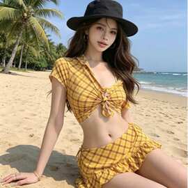 新款美式复古格纹系带分体裙式比基尼四件套辣妹少女温泉度假泳衣