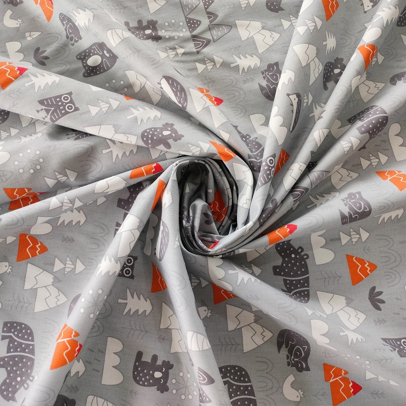 跨境热卖纯棉斜纹布料 全棉灰底小动物 床上用品 帽子 儿童睡衣面