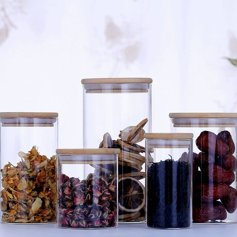 Прозрачный стеклянный резервуар для хранения конфет с высоким содержанием бора, герметичный стеклянный резервуар с бамбуковой крышкой для чая, оптовый