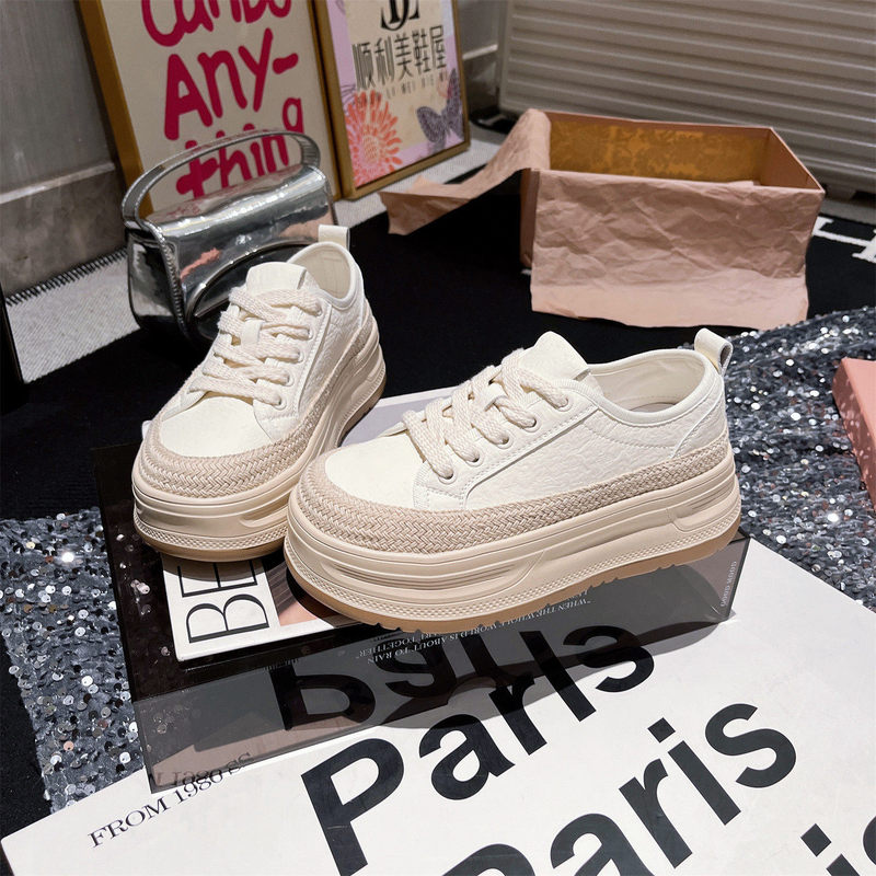 European New Style Linen Woven Straw Lace-Up Thick-Soled Platform Casual Sneakers for Women, Height-Increasing 5cm Shoes for Petite Women