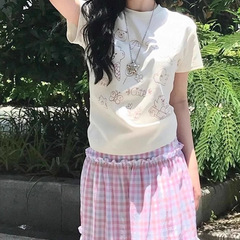 2025新款气质ins户外美式复古季涂鸦印花白色正肩短袖t恤女夏上衣