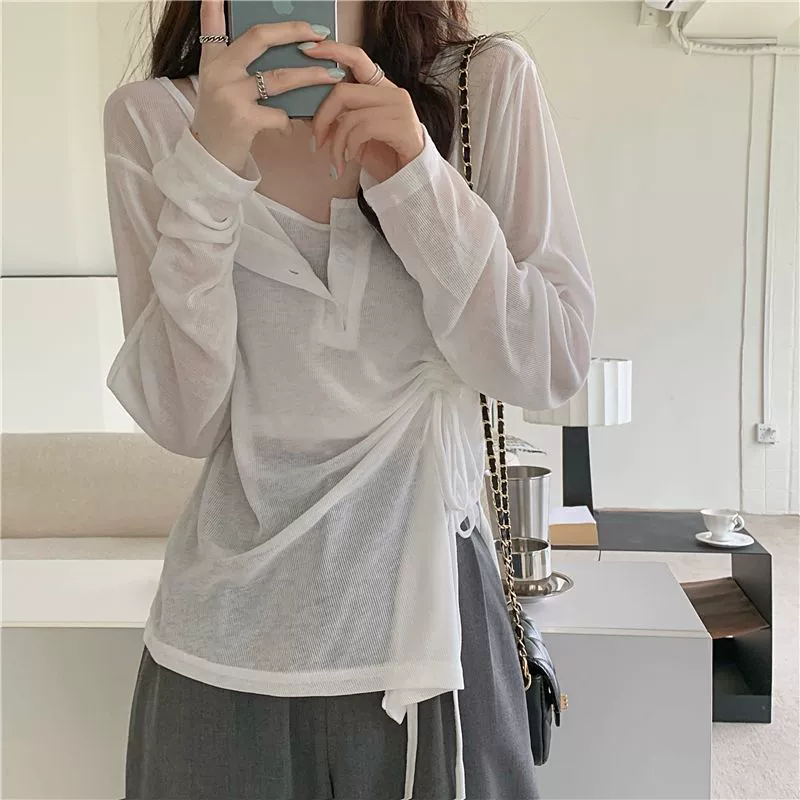 Внутренняя майка с защитой от солнца на шнурке, женская футболка с длинными рукавами, летний дизайн, нишевый тонкий топ, комплект из двух предметов.