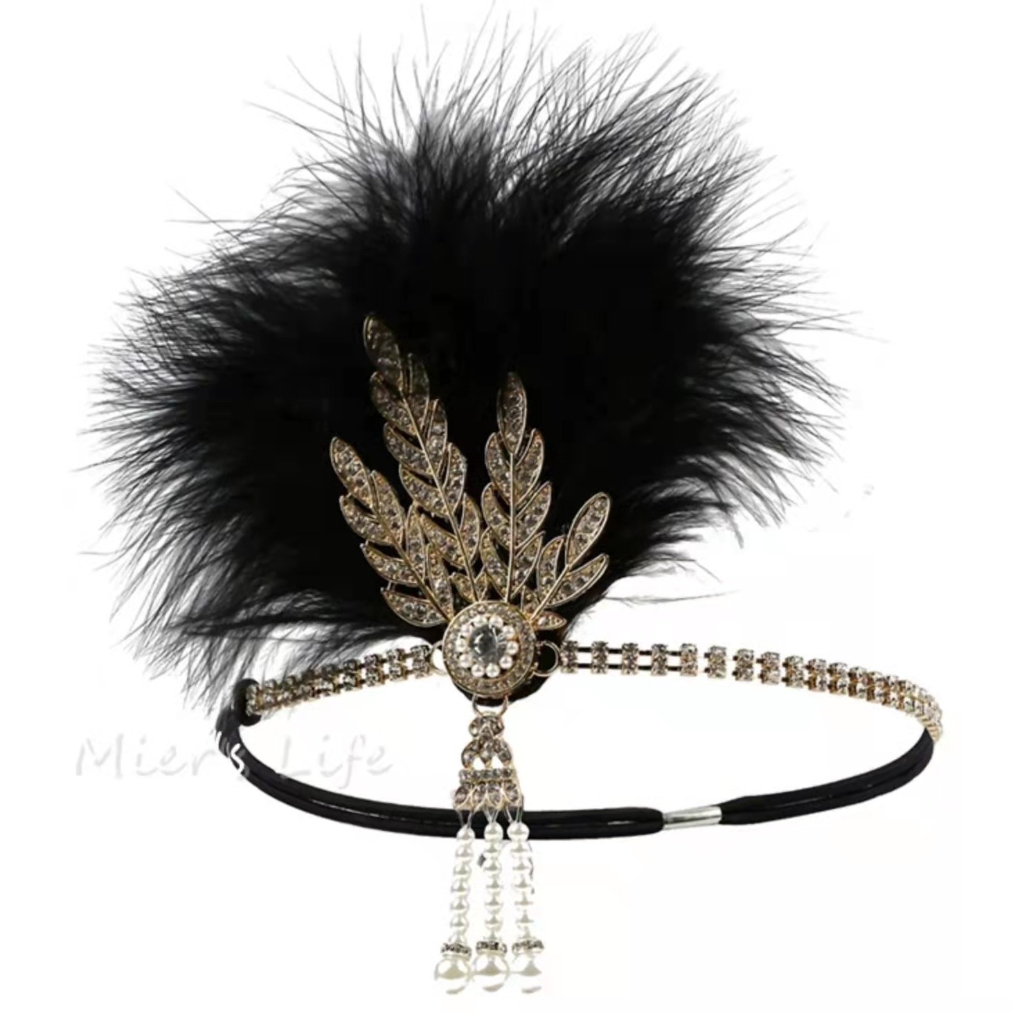 1960s Gatsby Venta caliente retro danza diadema negro avestruz pluma banda de pelo perla rhinestone tocado club nocturno