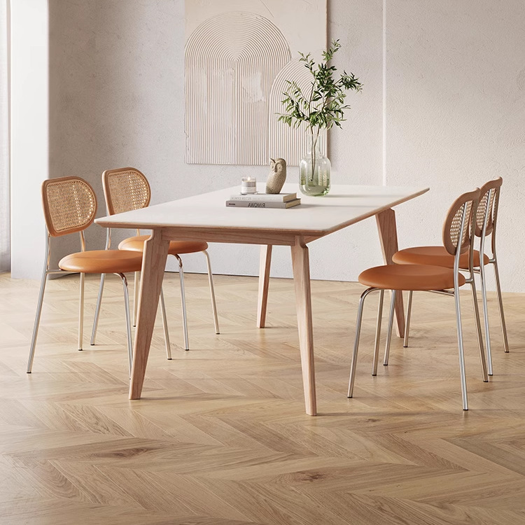 Danvance estilo francés crema mesa de viento casera rectangular seis personas pequeño tipo de mesa de comedor de madera sólida de cera de madera de roca