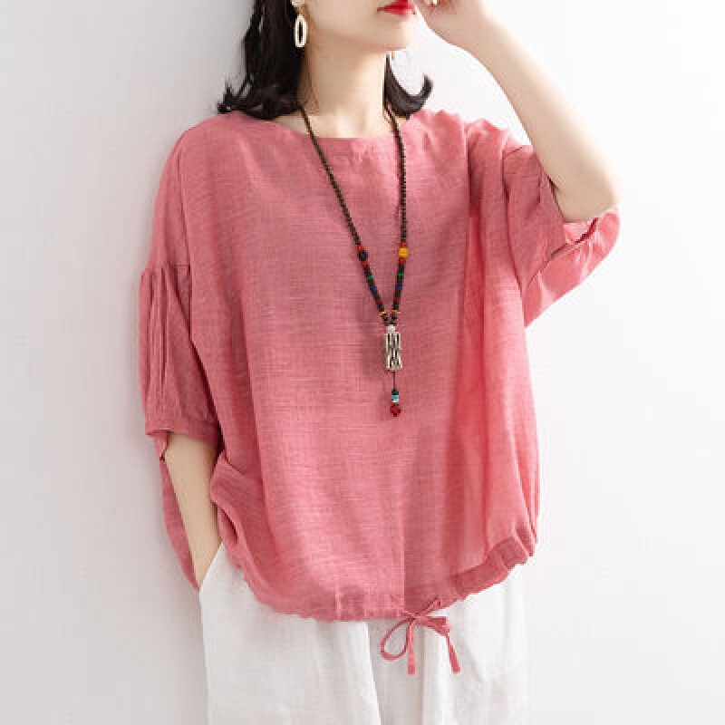 2026 Loose Plus-Size Casual T-Shirt for Women, Batwing Shirt with Drawstring Hem, Round Neck, Mid-Sleeve, Faux Cotton-Linen Top for Summer