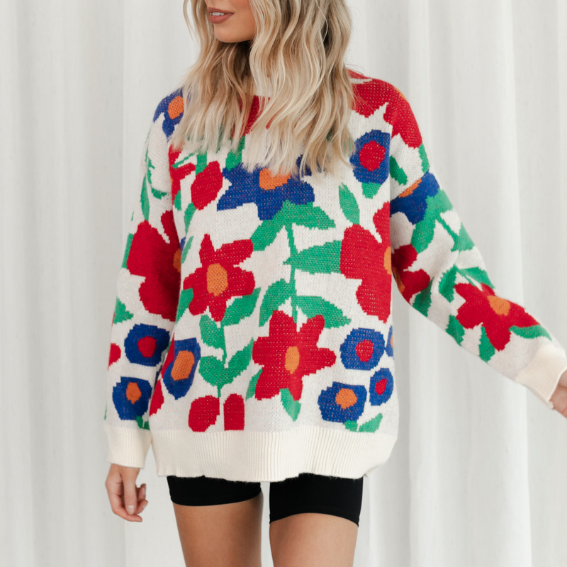 Women's new large flower embroidered round neck loose long-sleeved knitted sweater pullover for women_voghion.com