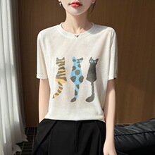 26夏季新款女莱赛尔猫咪圆领提花短袖T恤百搭时尚宽松上衣针织衫