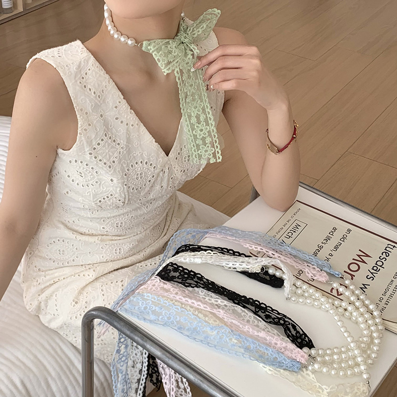 Pañuelo de seda de encaje, bolso tejido de alta calidad, regalo de mano de perlas, collar de perlas, bufanda de cadena de clavícula