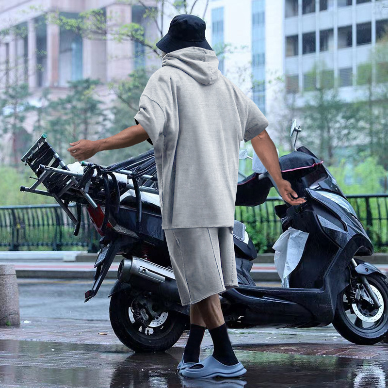 2024 Men's Short Sleeve Shorts Oversize Fur Loose Sports Casual Hooded Set_mkmklike.com