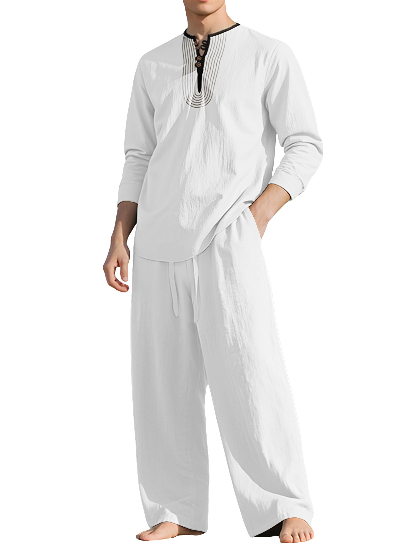 26 fábrica transfronteriza americana cuatro estaciones lino hombre relajado transpirable manga larga camisa de playa set en stock