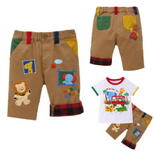 现货童装 夏季男女童卡通可爱小熊好朋友字母刺绣短裤六分裤