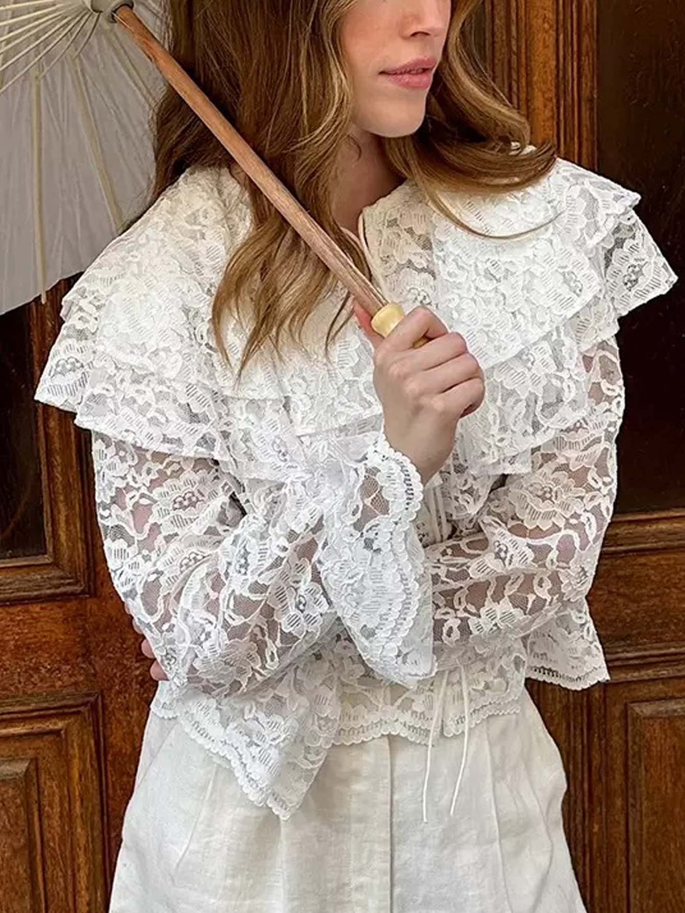 Camisa con Doble Cuello de Volante para Mujer de Poliéster con Encaje Manga Larga para Invierno
