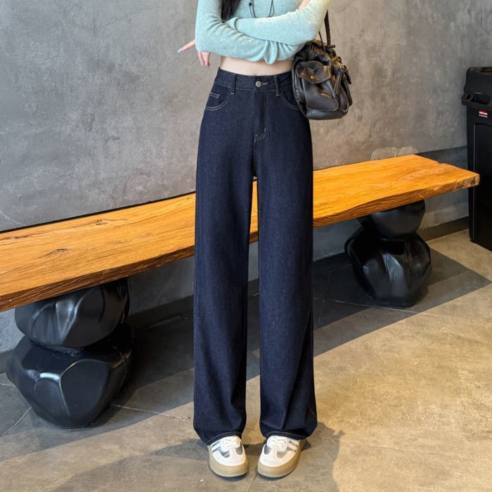 秋季爆款窄版阔腿牛仔裤女2025新款高腰显瘦浅色小个子直筒拖地裤|undefined