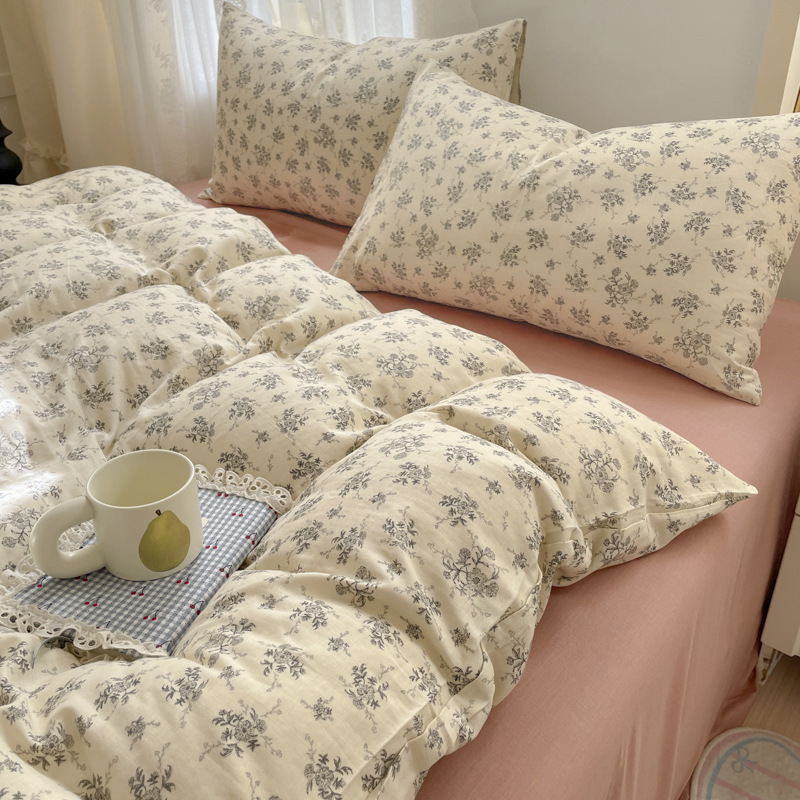 クラスA母子グレード100純綿二重糸ベッド4点セットフレンチレトロコットンキルトカバー寮3点セットシングル|undefined
