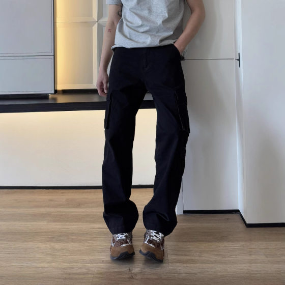 AUTICUP American Style Multi-Pocket Washed Used Coil Pants Street Straight Wide Pants Solid Color Casual Pants for Men