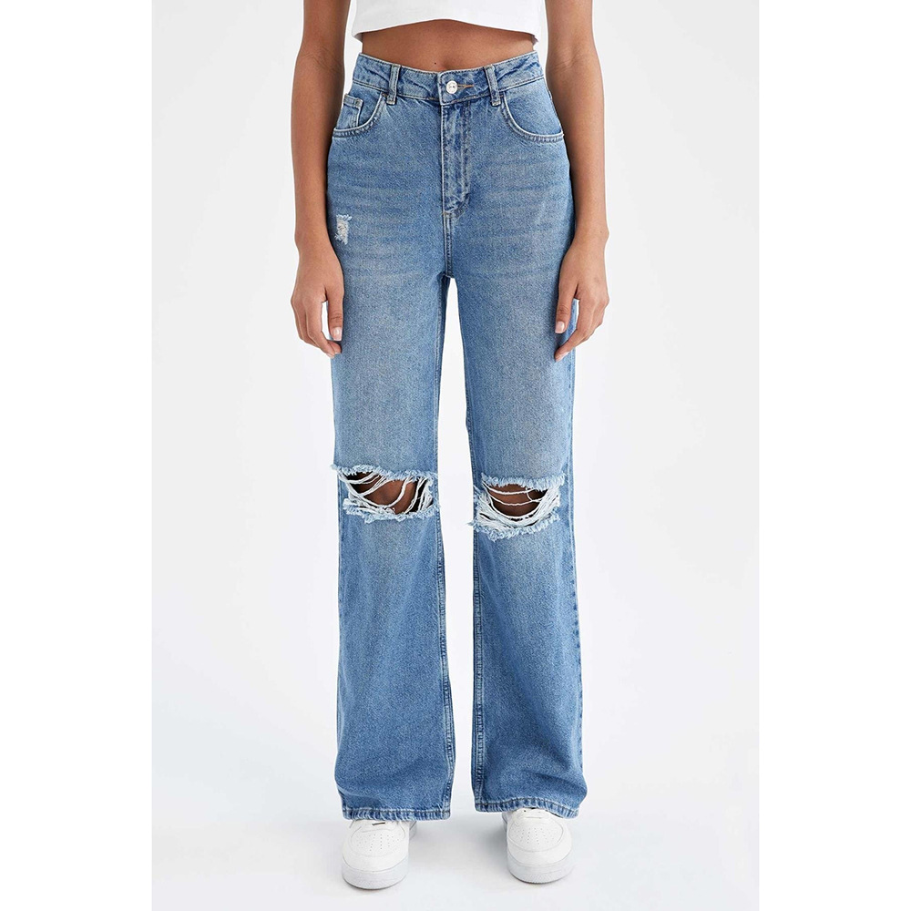 Women's Retro Ripped Wide Leg Jeans – Distressed Drape Floor-Length Denim Pants In Medium Blue, Light Blue & Black_mkmklike.com