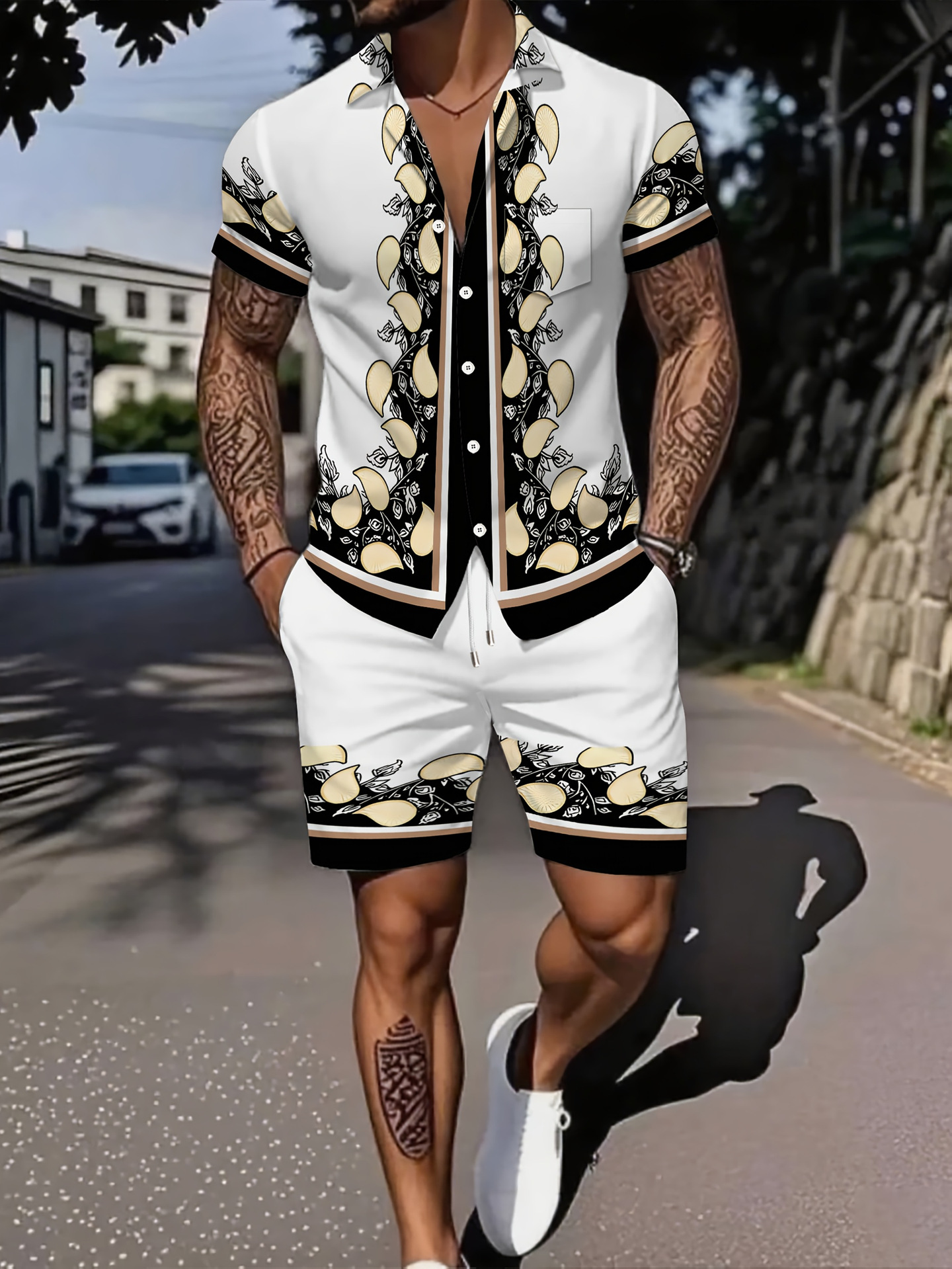Ensemble deux pièces pour homme : chemise à manches courtes respirante et ample, imprimé lettres, style décontracté idéal pour l'été._voghion.com