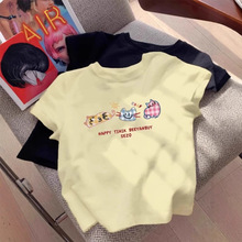 奶黄色卡通猫咪印花短袖t恤女夏季2025超火减龄小个子多巴胺上衣