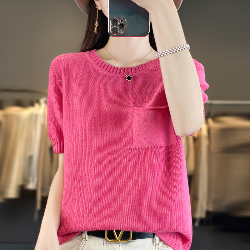 2024 Summer New Arrival Worsted 100 Cotton Knitted Short Sleeve Women's Round Neck Half Sleeve T-Shirt with Pocket Half Sleeve Base Shirt