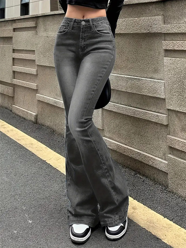 女士牛仔裤弹力简约灰色裤子设计感百搭显瘦喇叭长裤WOMEN JEANS|undefined