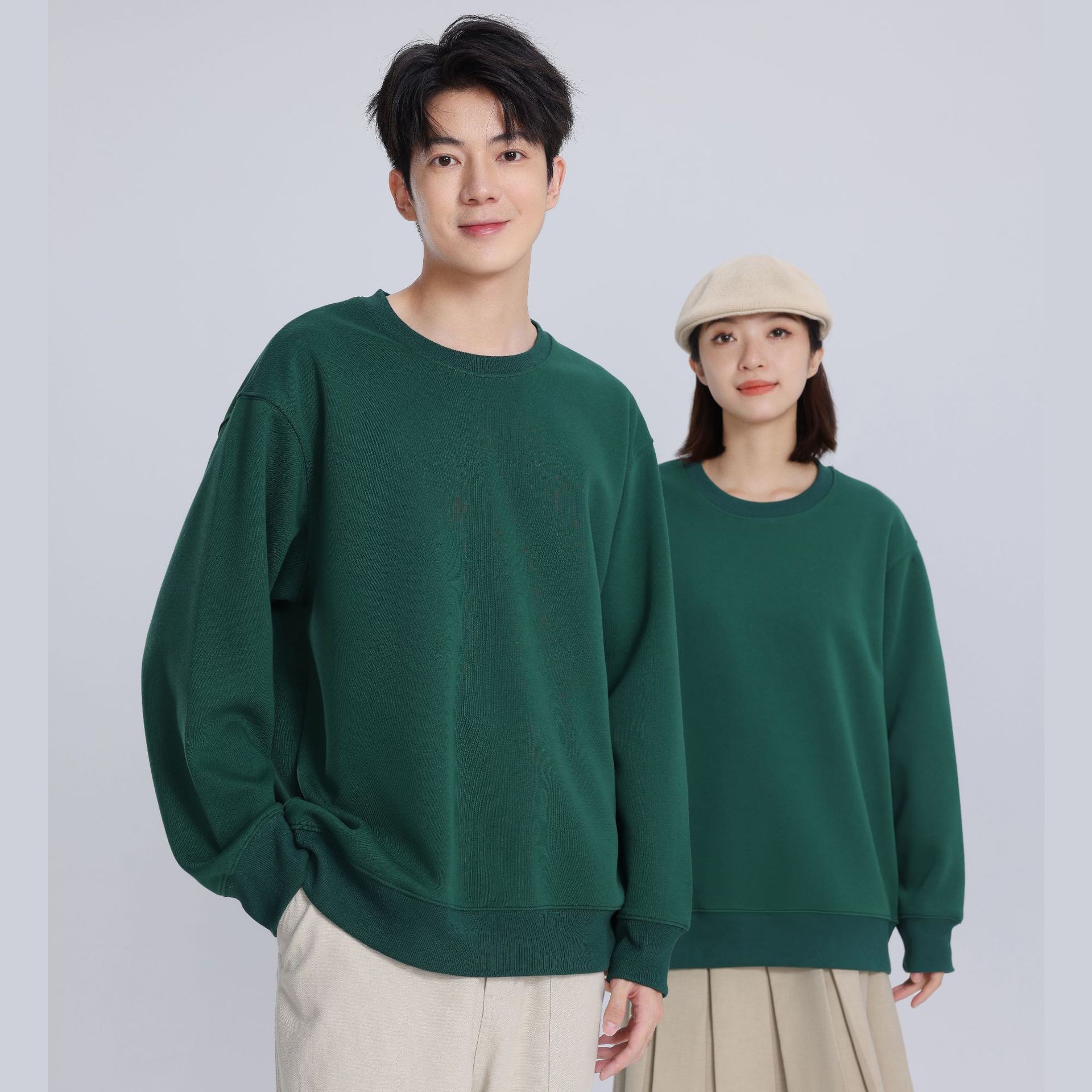 春秋落肩款墨绿卫衣男装圆领宽松欧版刺绣长袖50%棉6XL大码打底衫