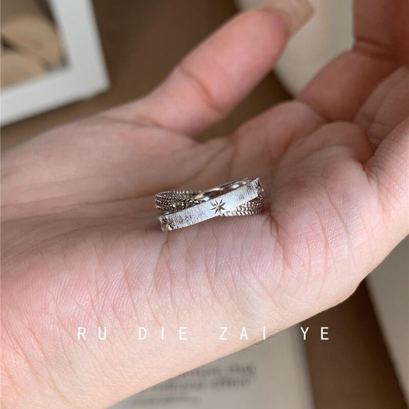 Kuning Mercury Note Small Double Ring ~ Vintage Brushed Star Ring Light Luxury High-End Ring