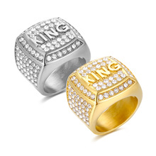 欧美新款嘻哈 HIPHOP指环 钛钢真空镀金镶钻KING国王戒指