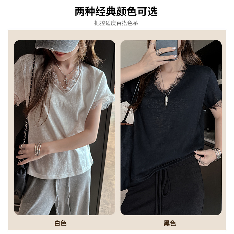 Lace Patchwork V-Neck Floral Edge Short-Sleeve T-Shirt for Women, Korean Style, Snowflake Cotton, Versatile, High-End Feel, Slimming Base Shirt Lace Patchwork V-Neck Floral Edge Short-Sleeve T-Shirt for Women, Korean Style, Snowflake Cotton, Versatile, High-End Feel, Slimming Base Shirt