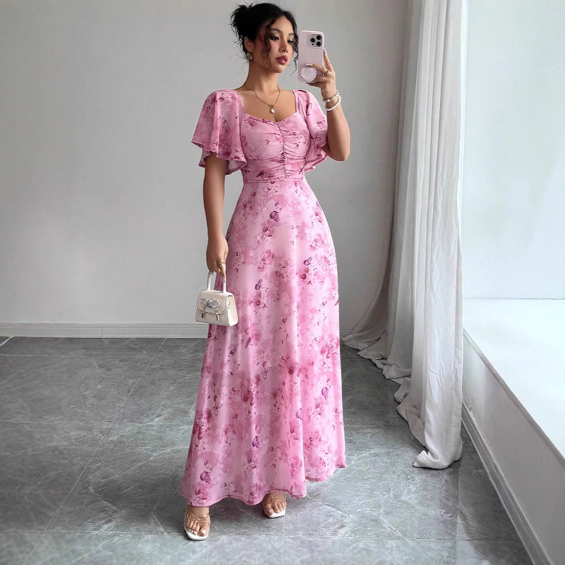 2025 New Summer Style European and American Amazon Cross-Border Foreign Trade Lotus Leaf Sleeve Printed Slim and Elegant Dress Is Now Available