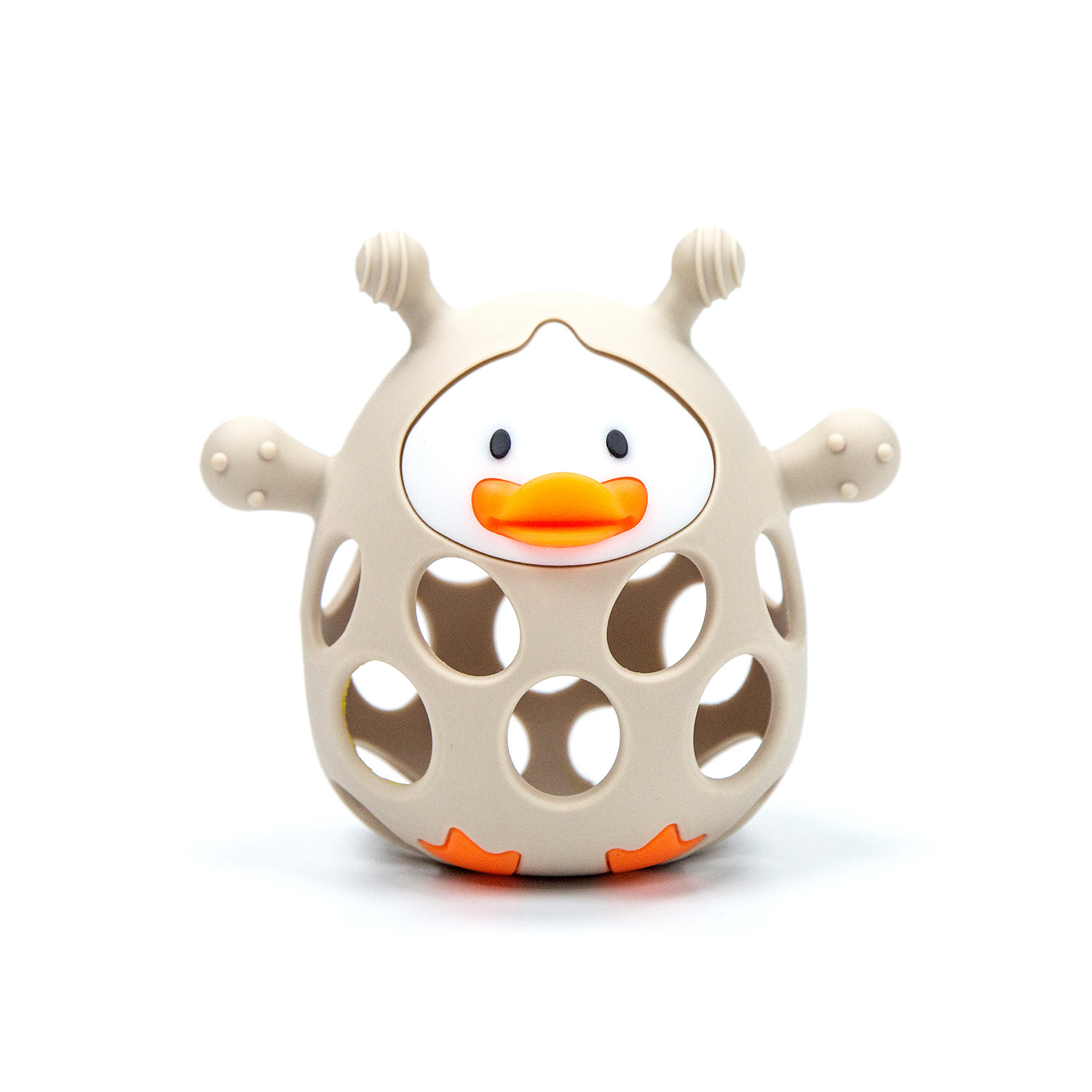 Nuevo producto pato mordedor bebé campana de tiro de mano bola molar palo de silicona bebé período de deseo oral mordedor anti-comer dios de la mano