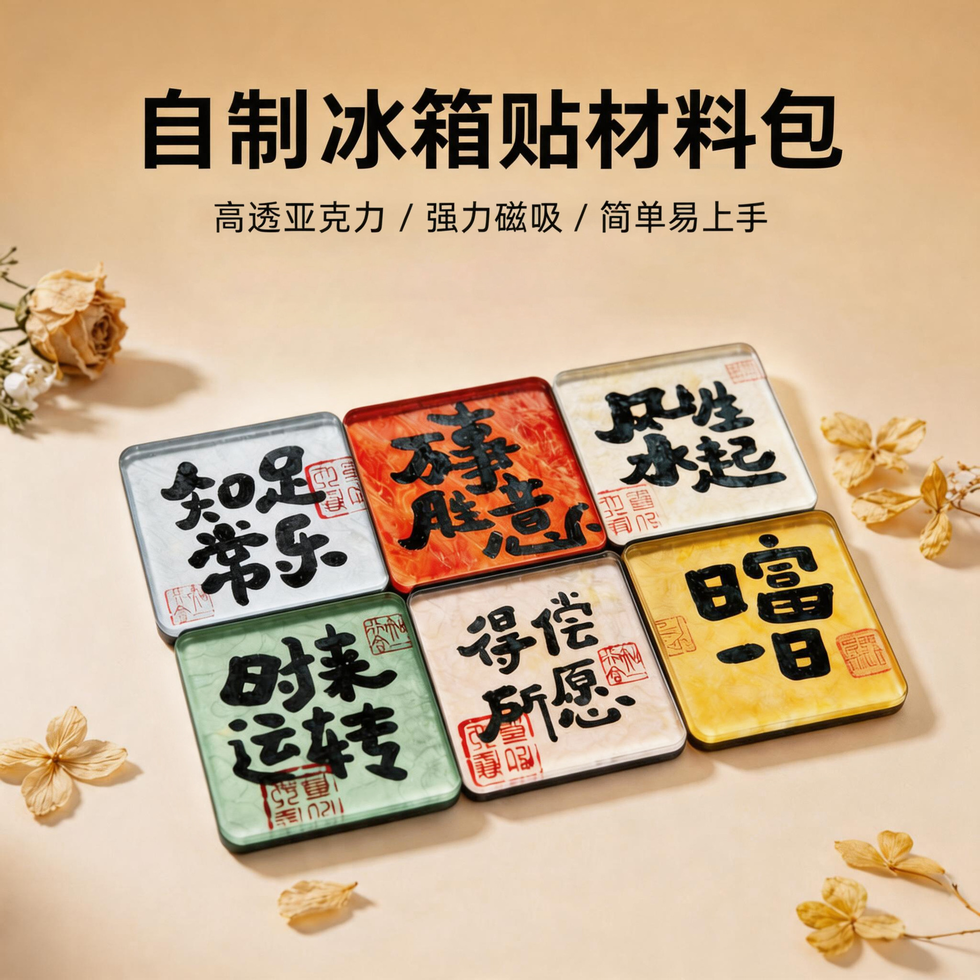 高透亚克力diy冰箱贴自制材料包手工制作 正方形圆形磁吸磁性文创