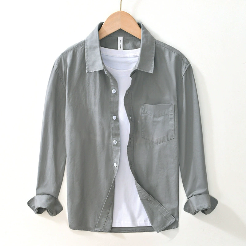 1021 Дышащий мужской мягкой стирать пальто с длинным рукавом хлопка случайные Джокер сплошной цвет рубашки