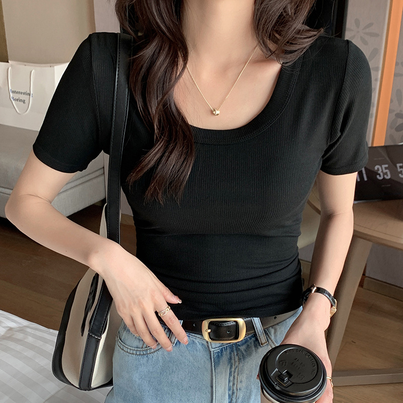 반팔 티셔츠 여성용 라운드 넥 여름 새로운 도착 스레드 간단한 올 매치 슬림 핏 핫 걸 스타일 어깨 우아한 탑