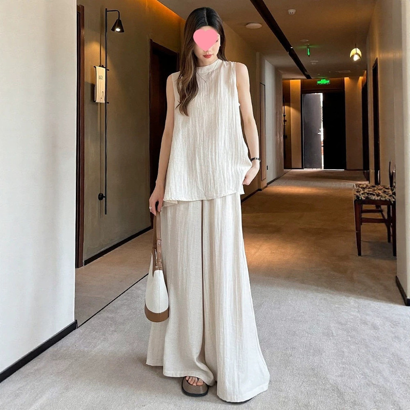 Linen casual fashion loose suit for women 2026 spring and autumn new style sleeveless vest and wide-leg pants, conceals belly and hides fat, two-piece set Linen casual fashion loose suit for women 2026 spring and autumn new style sleeveless vest and wide-leg pants, conceals belly and hides fat, two-piece set