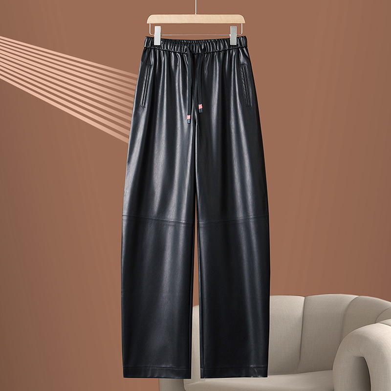 Brown Elastic Waist Leather Pants for Women Autumn and Winter New Retro High-End Casual Windproof Scimitar Wide-Leg Pants Cross-Border Wholesale Brown Elastic Waist Leather Pants for Women Autumn and Winter New Retro High-End Casual Windproof Scimitar Wide-Leg Pants Cross-Border Wholesale
