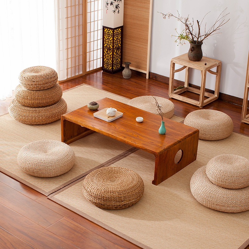 Fúten tejido de paja cojín tatami estilo japonés grueso sobre el suelo tejido de caña casa cojín de meditación redondo cojín de meditación