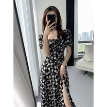 2025新款灯笼袖雪纺碎花连衣裙女夏季高级感法式开叉气质方领长裙