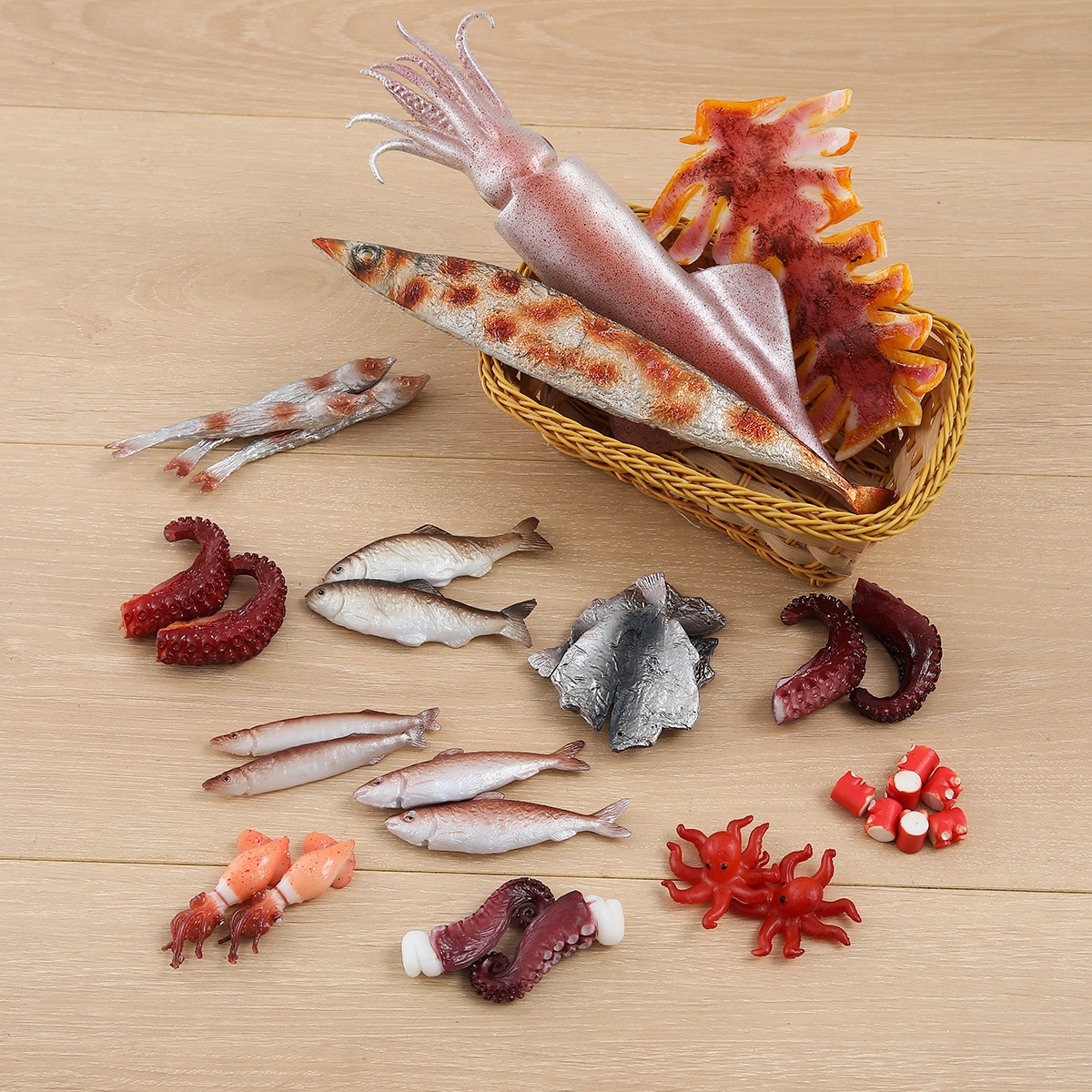 仿真大鱿鱼模型章鱼秋刀鱼鱿鱼仔鱿鱼须鱼干鱼仔钥匙扣食材道具