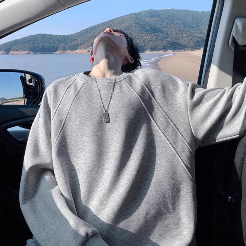 American Heavyweight Boxy Hooded Sweatshirt Men's Spring and Autum Loose Casual Round Neck Off-Shoulder High-End Long-Sleeved T-Shirt