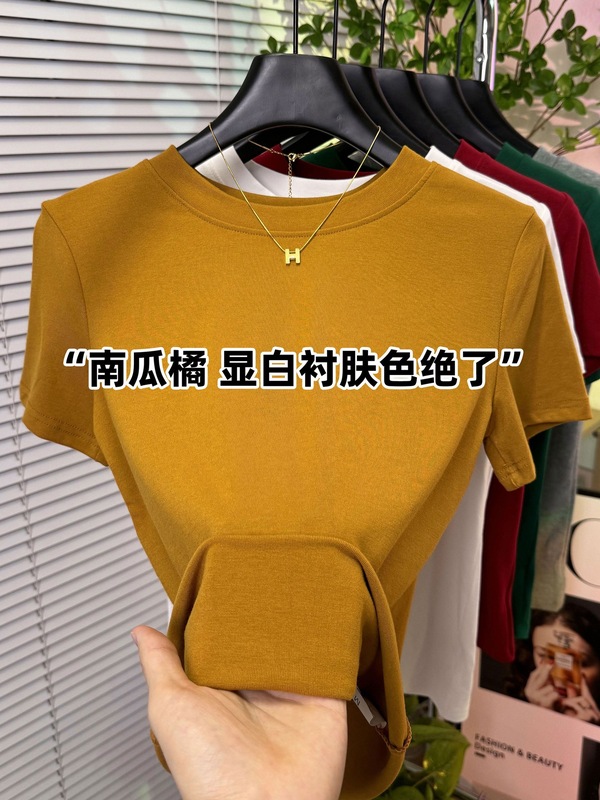 フラワーグレーラウンドネック半袖スリムフィットシャツ女性の夏の新しい気質ハイエンドストレッチトップTシャツトレンディ|undefined