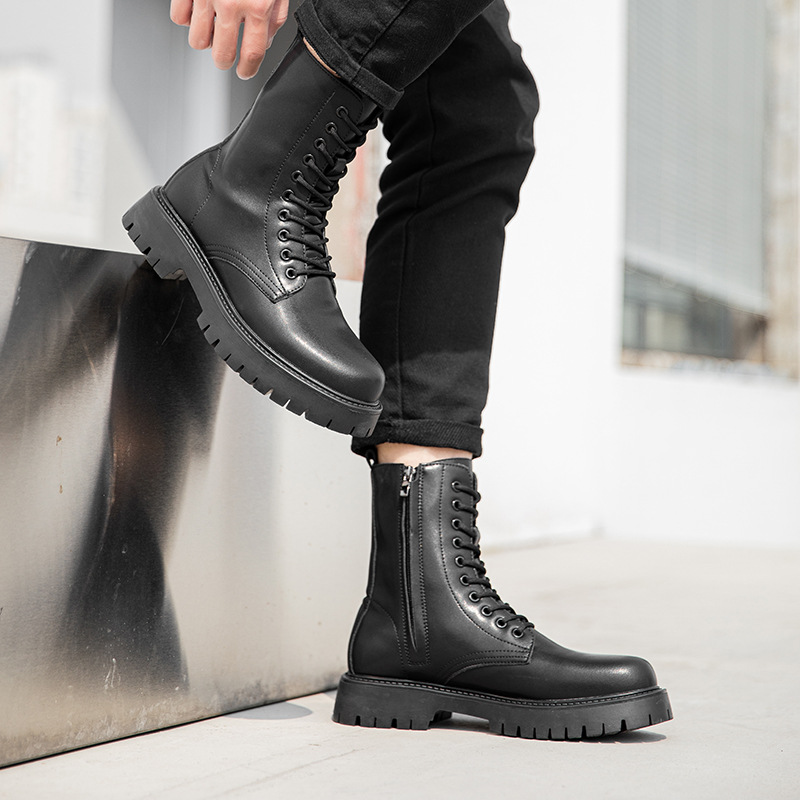 British Style Men's Black Martin Boots With Side Zip Workwear_voghion.com
