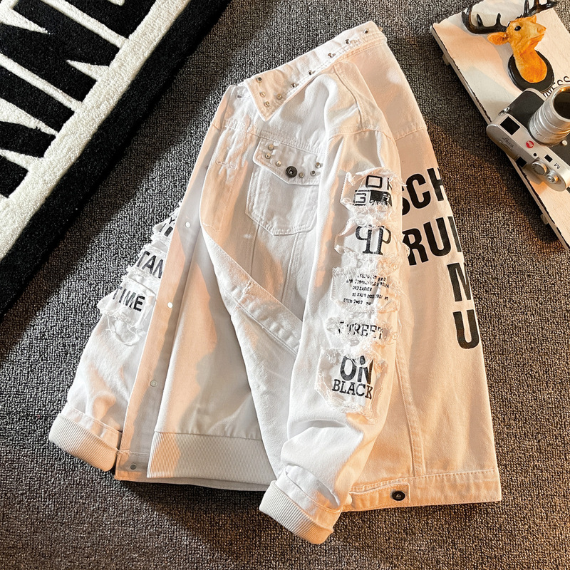 White Denim Tops Men's Trendy Brand 2023 Spring Korean Style Trendy Casual Top Men's Denim Tops