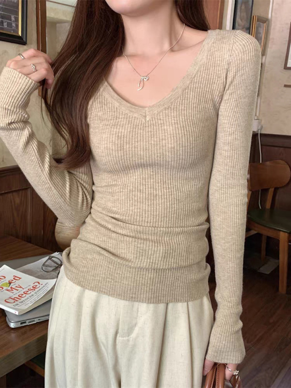 依帆泰新款韩系针织长袖安迪绒v领毛衣打底衫女内搭气质显瘦上衣|undefined