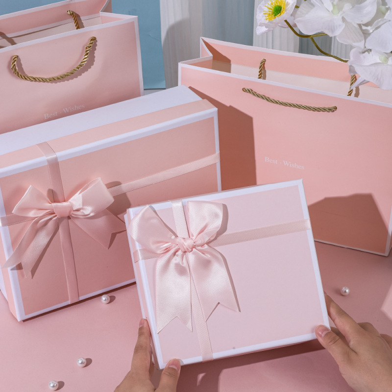 Pink Bow Gift Box Small Fresh Birthday Gift Box Heaven and Earth Cover Empty Box Lipstick Packaging Gift Box