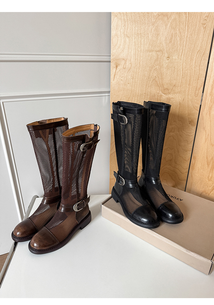 Boot nữ cổ cao hở lưới khóa dây rút đế dày thoáng khí — Ống tiêu chuẩn nâu, Ống rộng đen, Ống rộng nâu, Ống tiêu chuẩn đen chi tiết 18