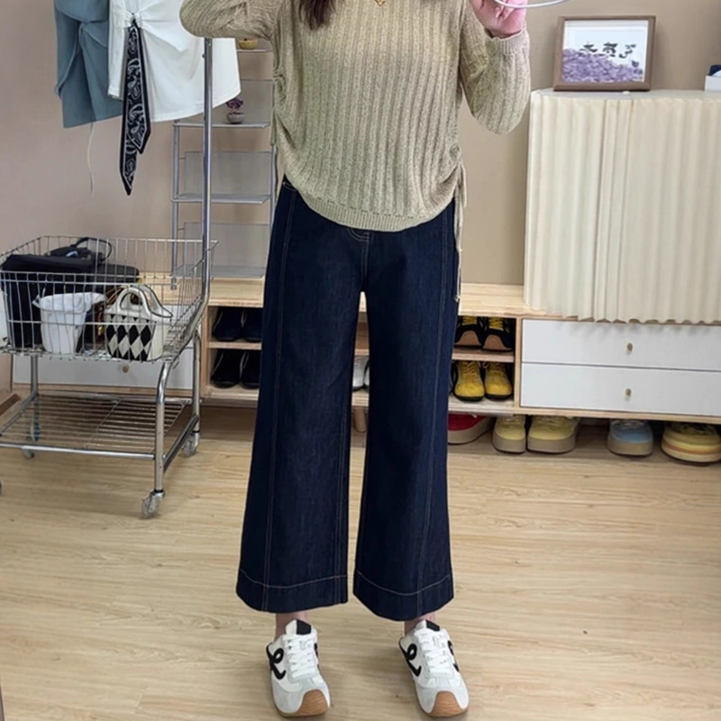 丹宁蓝弹力阔腿牛仔裤女2025秋大码小个子高腰显瘦九分烟管直筒裤|undefined
