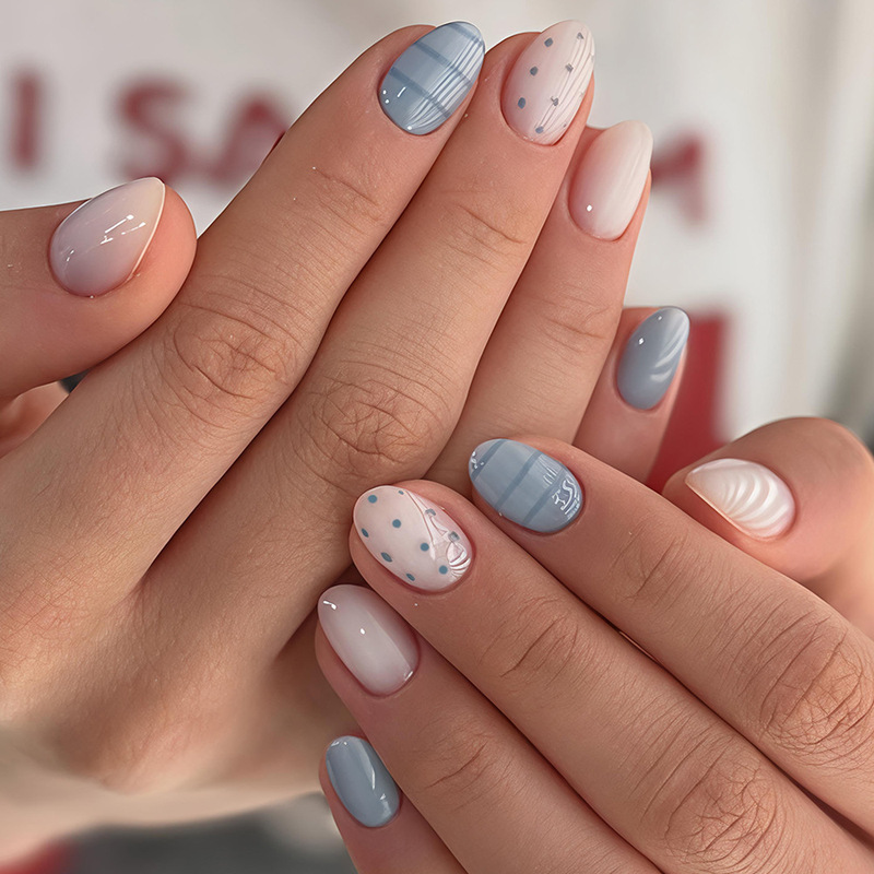 Cross-border haze blue striped polka dot short oval press-on fake nails for foreign trade nail art Cross-border haze blue striped polka dot short oval press-on fake nails for foreign trade nail art