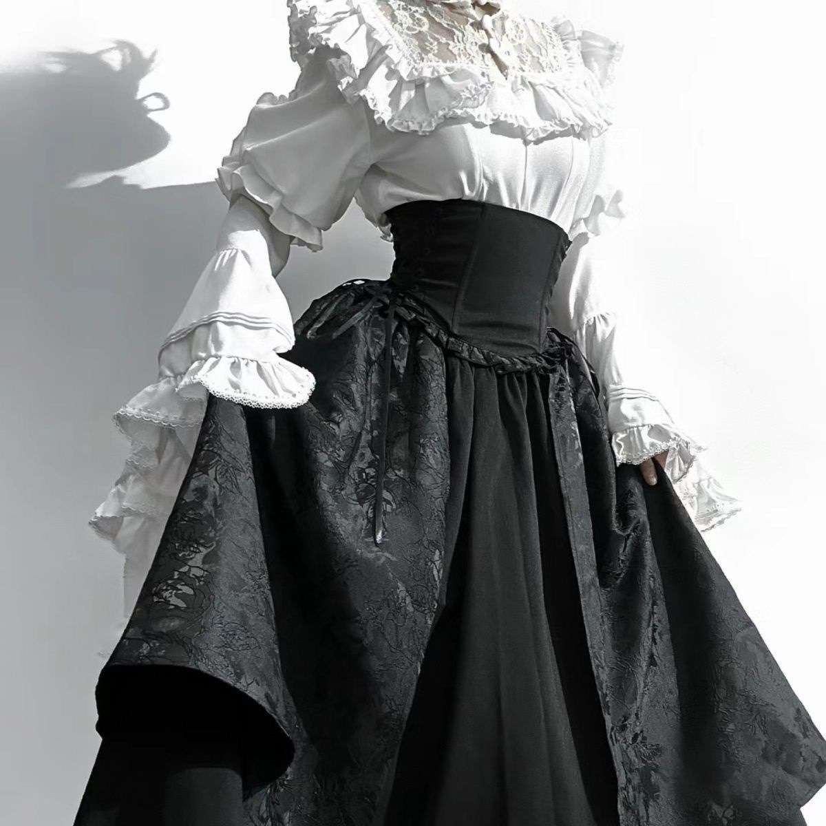 Lolita Gothic Style Long Skirt, Shirt with Puff Sleeves, Gorgeous and Elegant White Shirt, Burgundy Shirt