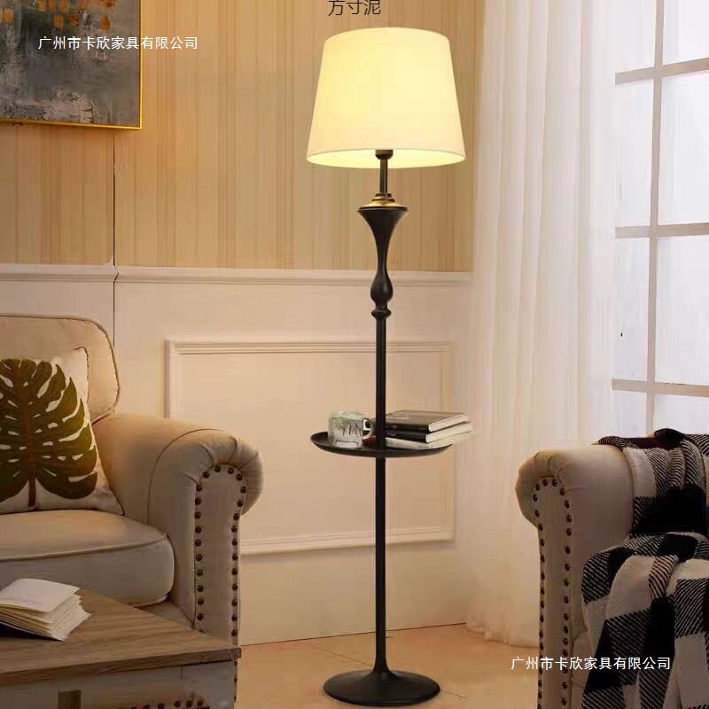 American Light Luxury Iron Art Floor Lamp with Tray Hotel Living Room Study Simple Bedroom B&B Fabric Vertical Floor Lamp